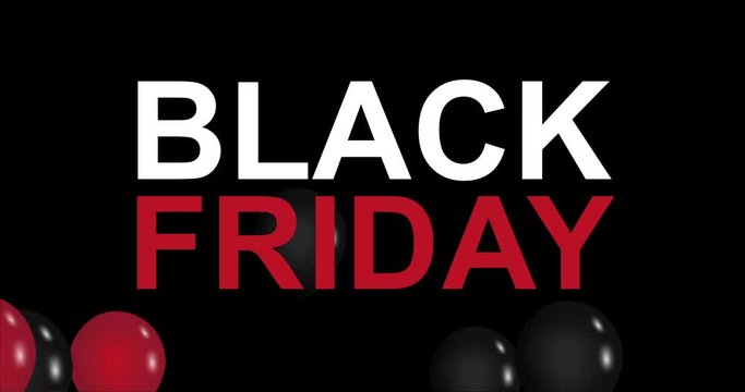Black Friday advertisement with red, white and black balloons, background 4k animation seamless loop