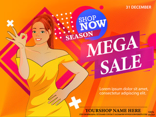 Mega sale discounts promotional card template for marketing with a pretty girl on abstract geometric. Retail shop discount flyer. Promote your Products and services with this great banner
