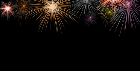 abstract show group of exploding fireworks bright light vibrant colorful and falling fire glitter confetti on black background for happy new year,diwali,labor's day ,independence's day concept
