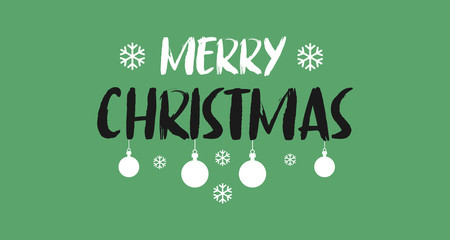 Merry Christmas type banner with Xmas balls and snowflakes. Lettering for holidays greeting card.