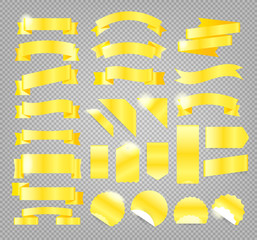 Gold retro style ribbons, tags and emblems isolated on transparent background
