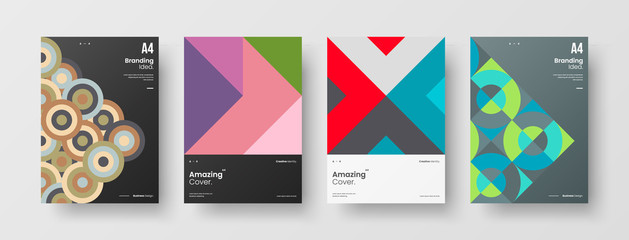 Business presentation vector A4 vertical orientation front page mock up set. Corporate report cover abstract geometric illustration design layout bundle. Company identity brochure template collection.
