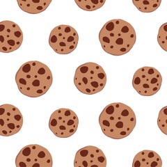 Seamless pattern with delicious chocolate chip cookies. Sweet vector illustration on white background for home textile, wallpaper, decor, pakaging