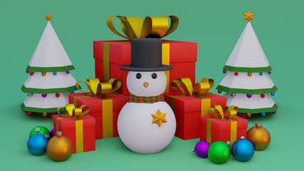 abstract christmas on full color background 3d rendering with many object christmas tree gift box snow man metallic gold ball,holiday christmas new year concept