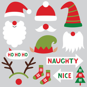 Christmas photo booth and scrapbooking vector set - Santa, deer, elf, gnome, naughty and nice signs