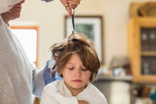6 year old boy getting his hair cut by his mother at home.