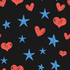 Heart and star doodles seamless pattern. Love and sky texture background.