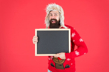 Read this. Winter holiday. Schedule timing concept. Bearded man blank blackboard copy space. Chalkboard for information. Presentation concept. Winter announcement. Winter event. Seasonal offer
