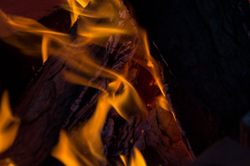 Flame. Fire. Burning wood with sparks and burning fire.