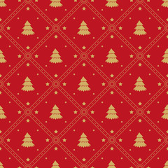 Geometric pattern with rhombuses and Christmas trees on red background. Festive Christmas background. Vector seamless pattern.
