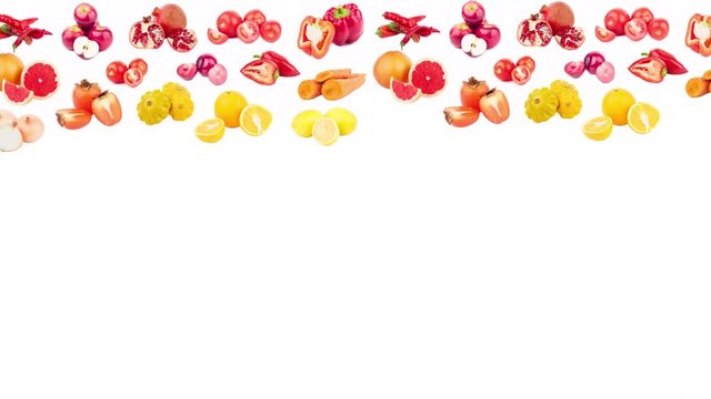 Stop motion. Big set of colored fruits and vegetables on the white background