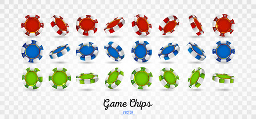 Poker chips in shown from different angles - 303397194