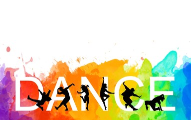Detailed illustration silhouettes of expressive dance colorful group of people dancing. Jazz funk, hip-hop, house dance. Dancer man jumping on white background. Happy celebration 