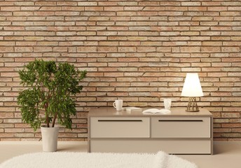 Interior with low table, lamp and large indoor plant. Brick wall. 3D rendering.