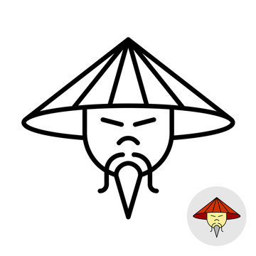 Chinese man in a straw conical hat line icon. Asian appearance man with triangle beard and mustache symbol. Adjustable stroke width.