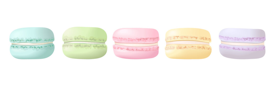Delisious macaroons in a row set. Sweet almond french cakes macaron.