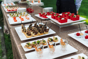 Beautifully decorated catering banquet table with different food snacks.