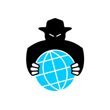 World aggressor symbol. Black silhouette of unknown evil person grabbing the Earth globe. World conspiracy logo.