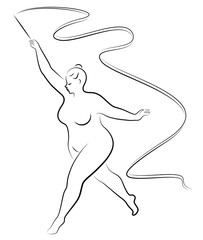 Gymnastics. Silhouette of a girl with a ribbon. The woman is overweight, a large body. The girl is full. Vector illustration.