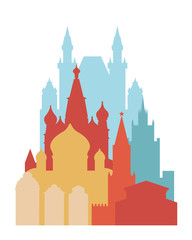 Russia, the city of Moscow. The architecture of the city. Spasskaya Tower, Cathedral of Christ the Savior, St. Basil's Cathedral, Bolshoi Theater, Moscow State University. Vector illustration.