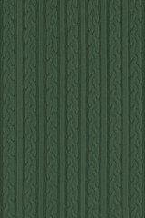 Knitwear Fabric Texture with Pigtails and stripes. Repeating Machine Knitting Texture of Sweater. Dark green Knitted Background.