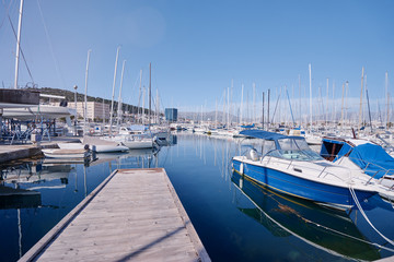 Fototapeta premium Marina harbour with beautiful white yachts in Split, Croatia.