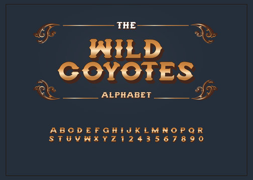 "Wild Coyotes" Vintage 3D Alphabet. Retro Whiskey Label Typeface. Vector Font Illustration.