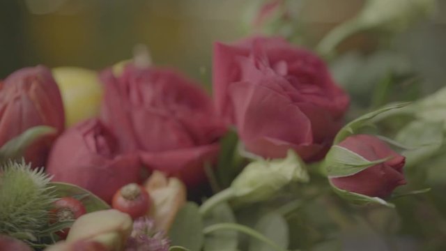 Beautiful bouquet of freesias, succulent, gypsophila.