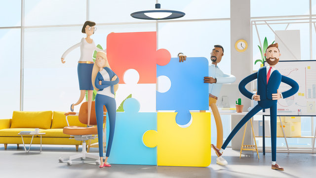 People connecting puzzle elements. 3d illustration.  Cartoon characters. Business teamwork concept. 