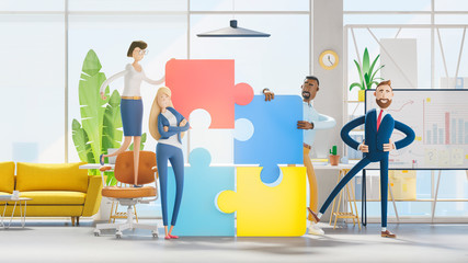 People connecting puzzle elements. 3d illustration.  Cartoon characters. Business teamwork concept. 