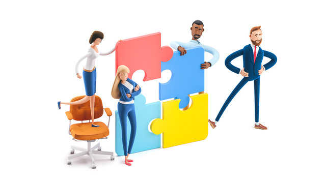 People connecting puzzle elements. 3d illustration.  Cartoon characters. Business teamwork concept on white background.