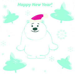 Bear with New Year inscription in Santa Claus hat . Winter greeting card of a cute bear with snowflakes and Christmas tree . Christmas background with smiling cartoon character. Light   background