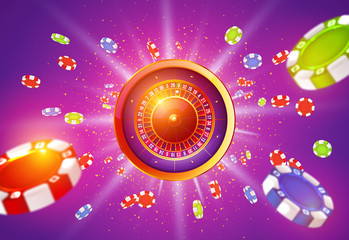 Vector illustration gambling roulette wheel isolated on gambling chips explosion background.