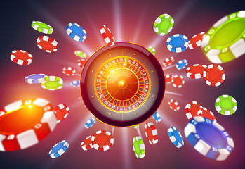 Vector illustration gambling roulette wheel isolated on gambling chips explosion background.