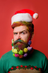 Bearded man with decorated beard. Christmas holidays. Christmas decoration. Serious bearded man in Santa hat. Christmas hat. Christmas beard decorations. Santa Claus. Winter holidays. Decorated beard.