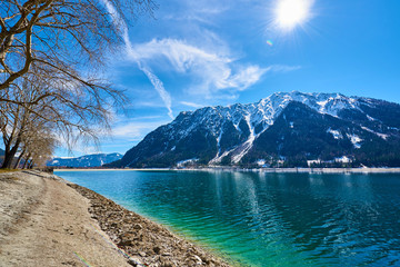 Beautiful landscape of lake Achen on a sunny day in the Austrian Alps. Photo taken in Spring.