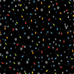 Vector red and blue Christmas lights garland on black background seamless pattern