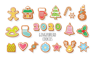 Christmas Gingerbread Cookies set. 2020 New Year numbers. Colorful cartoon decorative elements for kids. Vector