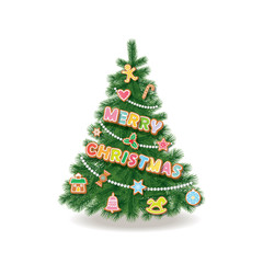 Christmas tree decorated with garlands, gingerbread cookies and greeting inscription. Vector