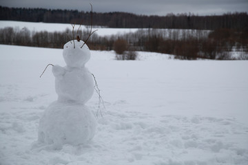 Snowman in the forest. Children made a snowman out of snow.