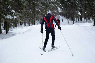 Fototapeta na wymiar Cross country. A skier is skiing in winter in the woods.