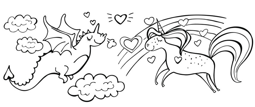 Hand drawn magic cute unicorn, rainbow, heart and dragon isolated on white. Couple in love. Vector illustration. Perfect for print, coloring book, greeting card.