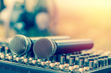 Microphone on sound mixer close up