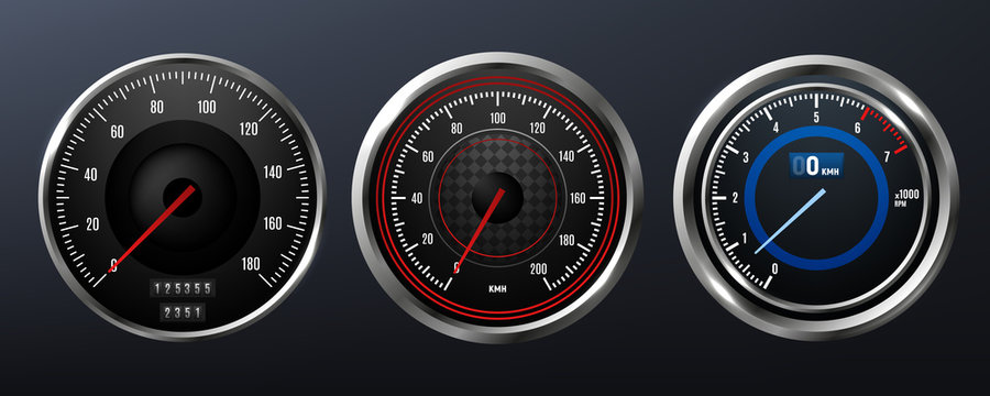 Car speedometer, tachometer for dashboard. Analog device for measuring speed. Vector illustration
