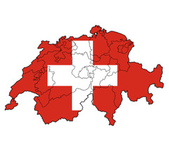 territories of cantons on map with flag of switzerland