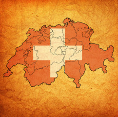 territories of cantons on map with flag of switzerland