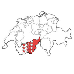 flag of Wallis canton on map of switzerland