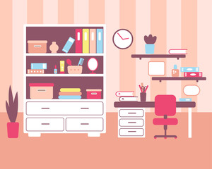 Girl room with workplace interior.