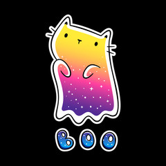 Kawaii colorful sparkling ghost kitty trying to spook you, boo lettering. Design for print (t-shirt, poster, greeting card, sticker). Hand drawn vector illustration. Isolated on black background.