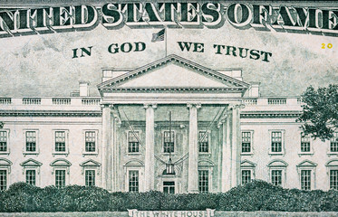 The white house of America on the twenty dollar bill macro close-up texture background.
